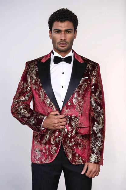 KOALA SYDNEY Peak Lapel Slim Fit Gold Patterned Burgundy Men Party Blazer