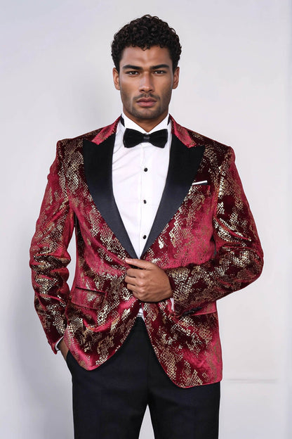 KOALA SYDNEY Peak Lapel Slim Fit Gold Patterned Burgundy Men Party Blazer
