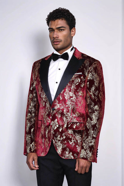 KOALA SYDNEY Peak Lapel Slim Fit Gold Patterned Burgundy Men Party Blazer