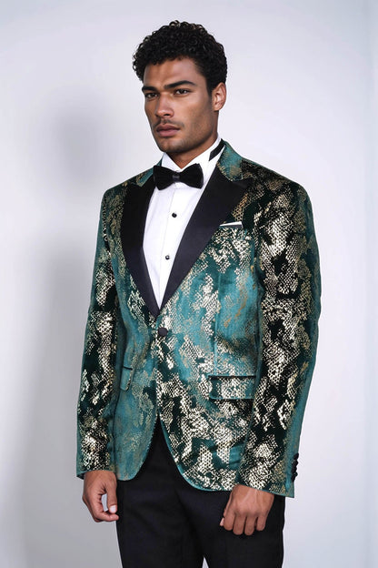 Peak Lapel Slim Fit Gold Patterned Green Men Prom Party Blazer