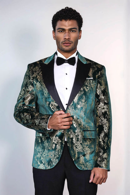 Peak Lapel Slim Fit Gold Patterned Green Men Prom Party Blazer