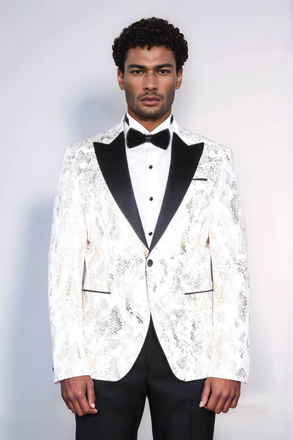 KOALA SYDNEY Peak Lapel Slim Fit Gold Patterned White Men Dinner Jacket