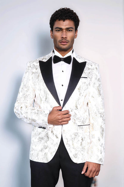 KOALA SYDNEY Peak Lapel Slim Fit Gold Patterned White Men Dinner Jacket