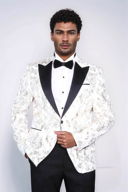 KOALA SYDNEY Peak Lapel Slim Fit Gold Patterned White Men Dinner Jacket