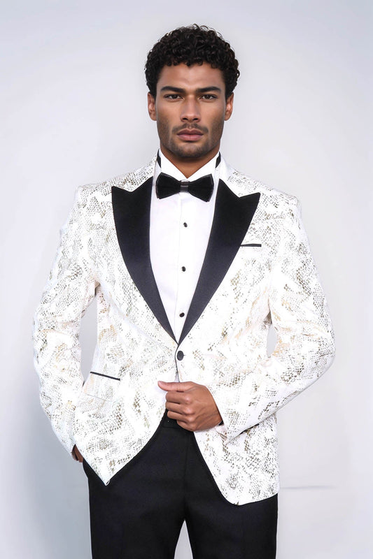 KOALA SYDNEY Peak Lapel Slim Fit Gold Patterned White Men Dinner Jacket
