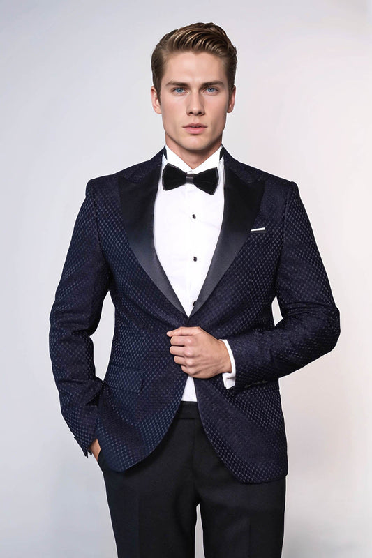 KOALA SYDNEY  Satin Shawl Lapel Textured Men's Navy Blue Tuxedo Jacket