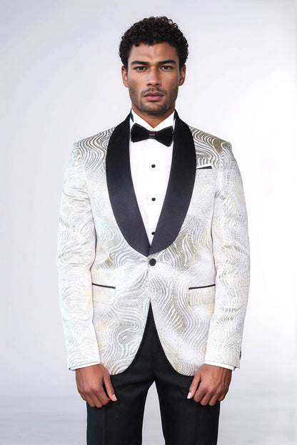 KOALA SYDNEY Gold Patterned Over White Men Tuxedo Blazer