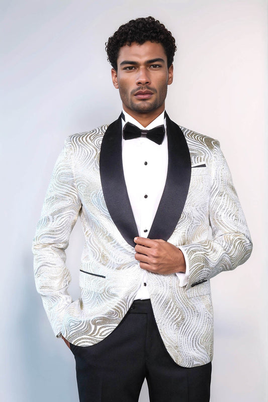 KOALA SYDNEY Gold Patterned Over White Men Tuxedo Blazer