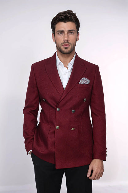 Double Breasted Slim Fit Burgundy Men Blazer - Wessi