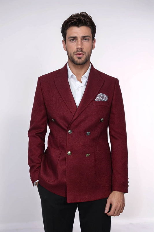 Double Breasted Slim Fit Burgundy Men Blazer - Wessi