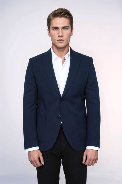 KOALA SYDNEY Textured Slim Fit Peak Lapel Navy Blue Men Blazer