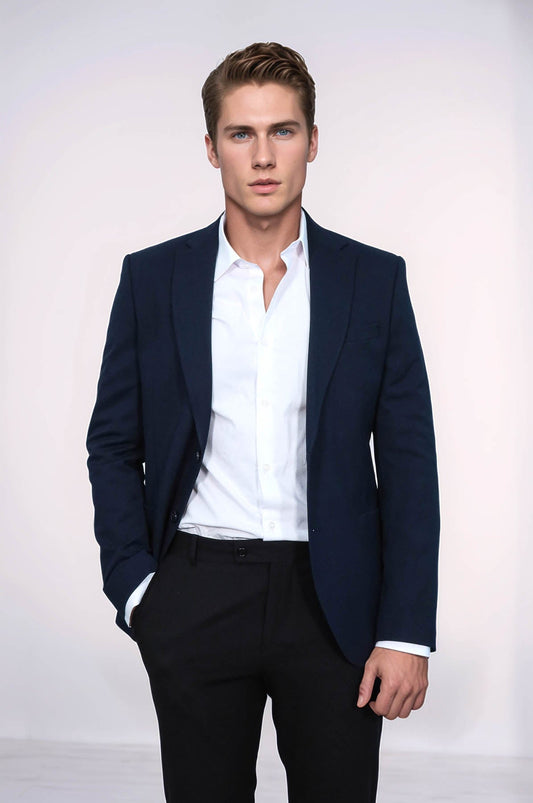 KOALA SYDNEY Textured Slim Fit Peak Lapel Navy Blue Men Blazer