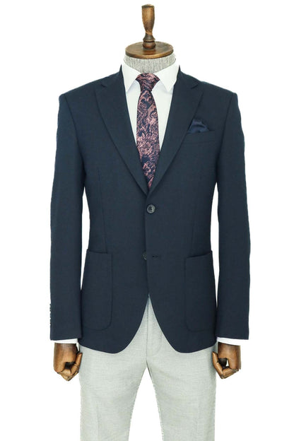 Textured Slim Fit Peak Lapel Navy Blue Men Blazer and Trousers Combination
