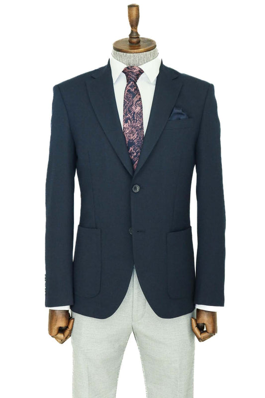 Textured Slim Fit Peak Lapel Navy Blue Men Blazer and Trousers Combination