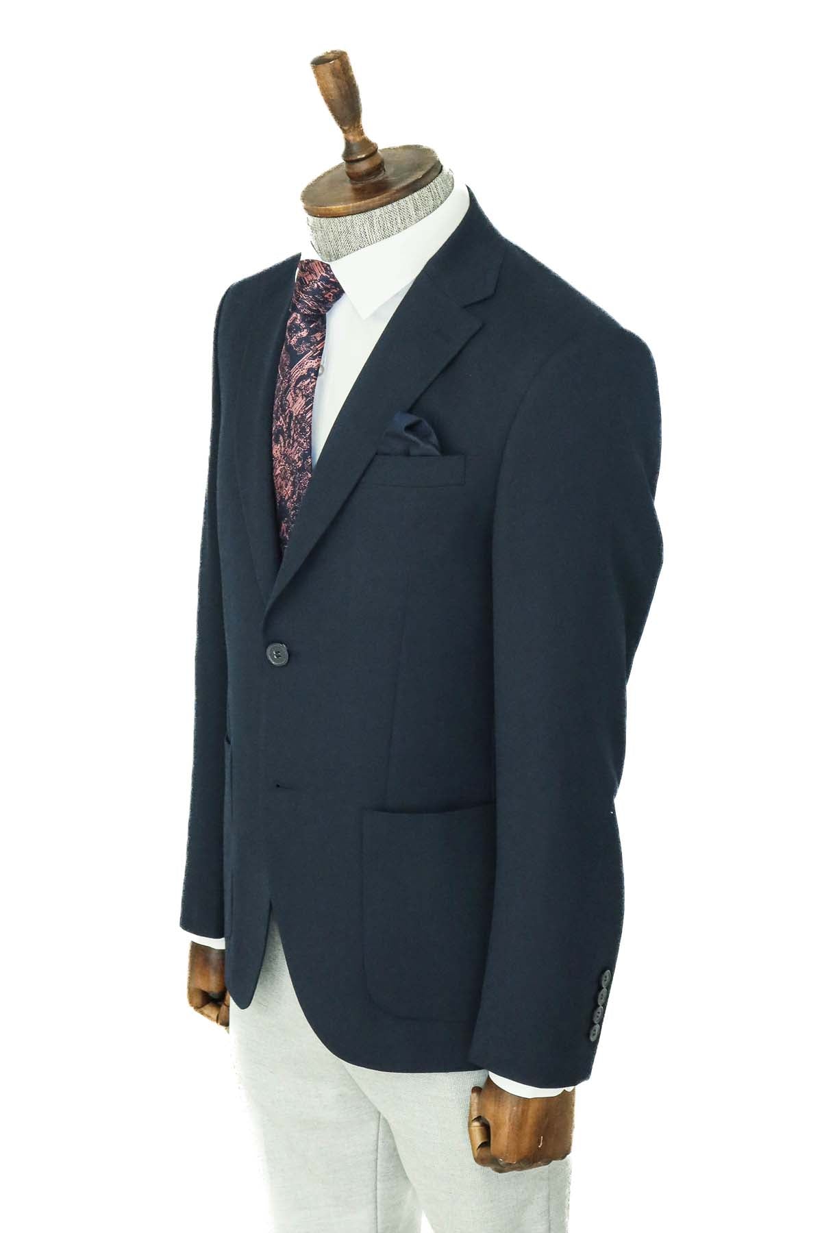 Textured Slim Fit Peak Lapel Navy Blue Men Blazer and Trousers Combination