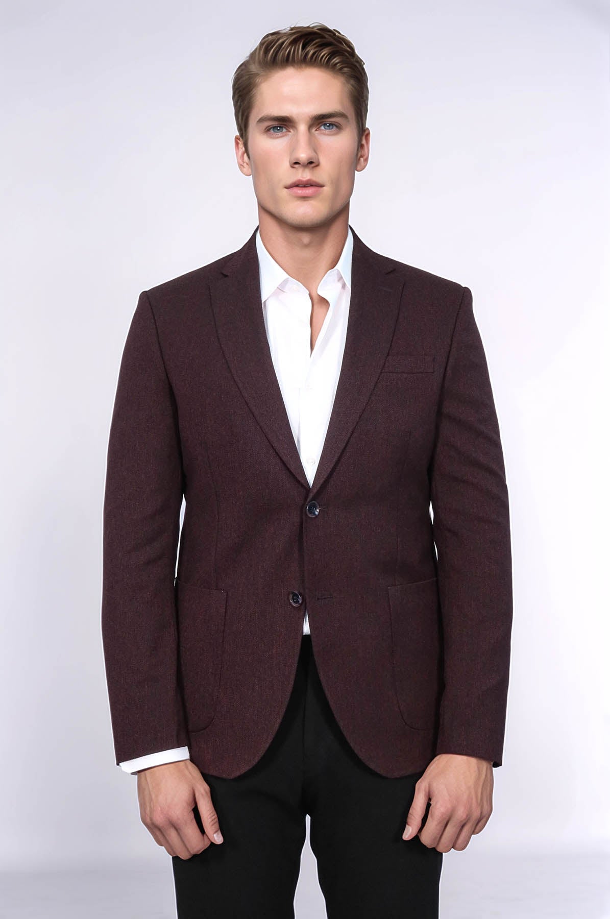 KOALA SYDNEY Textured Slim Fit Peak Lapel Burgundy Men Blazer