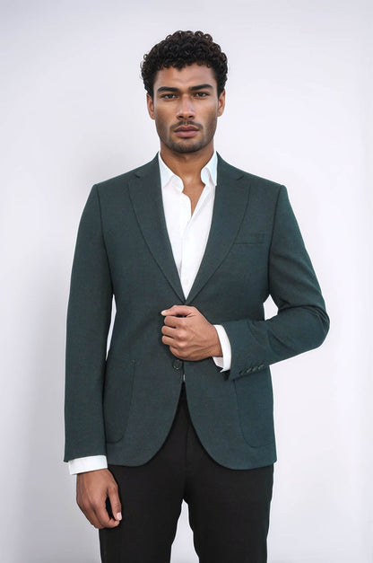 KOALA SYDNEY Textured Slim Fit Peak Lapel Green Men Blazer