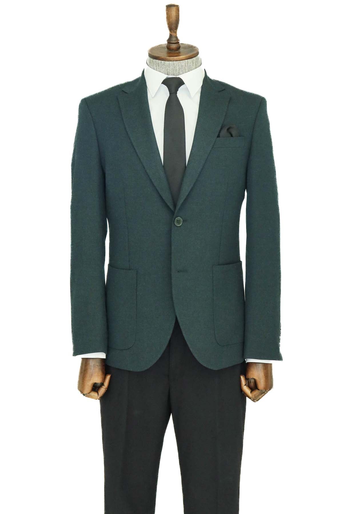 Textured Slim Fit Peak Lapel Green Men Blazer and Combination
