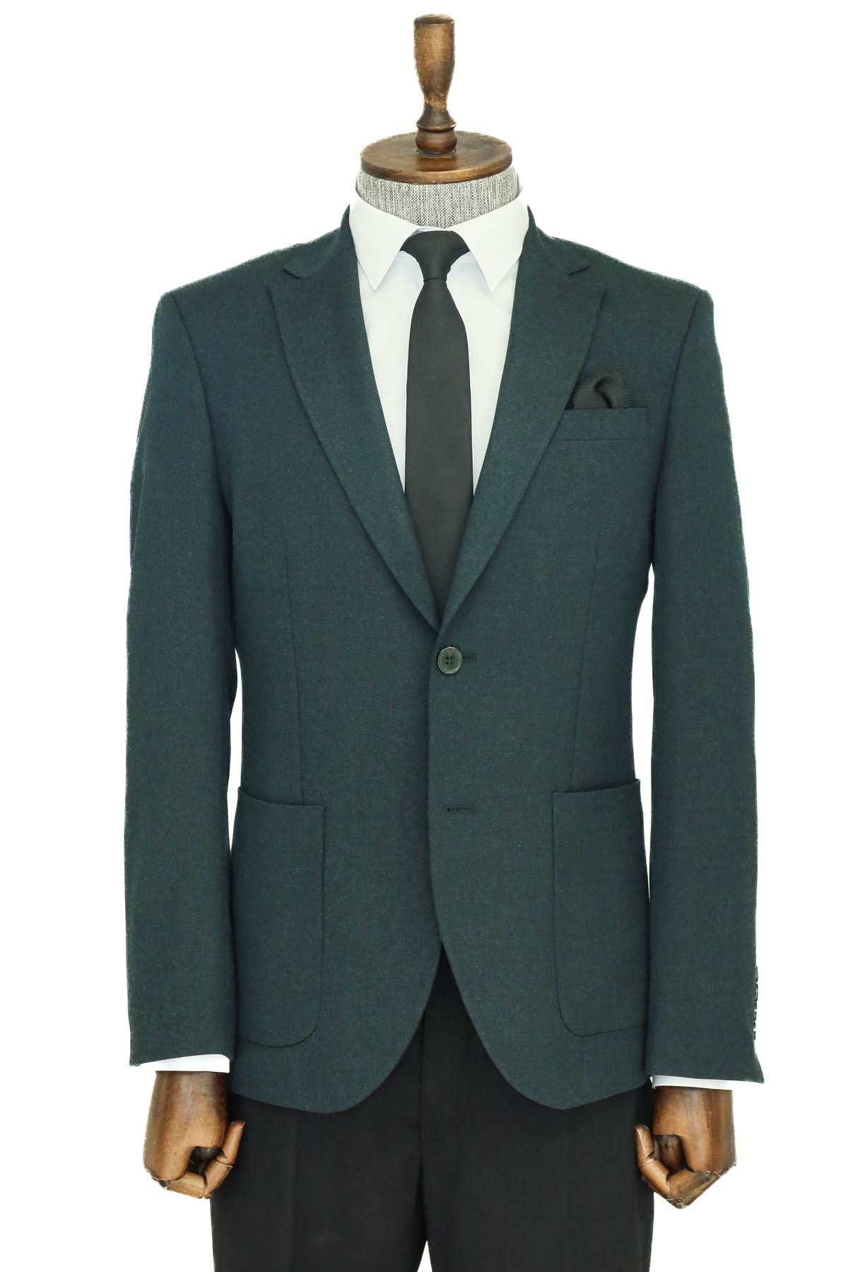 Textured Slim Fit Peak Lapel Green Men Blazer and Combination