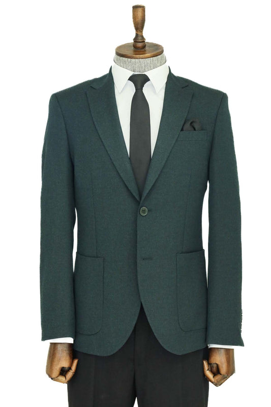 Textured Slim Fit Peak Lapel Green Men Blazer and Combination