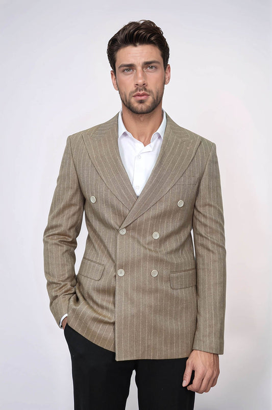 Striped Double Breasted Light Brown Men Blazer - Wessi