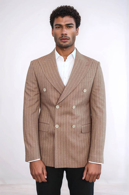 Striped Double Breasted Beige Men Blazer