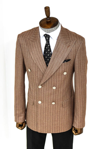Striped Double Breasted Beige Men Blazer and Trousers Combination- Wessi