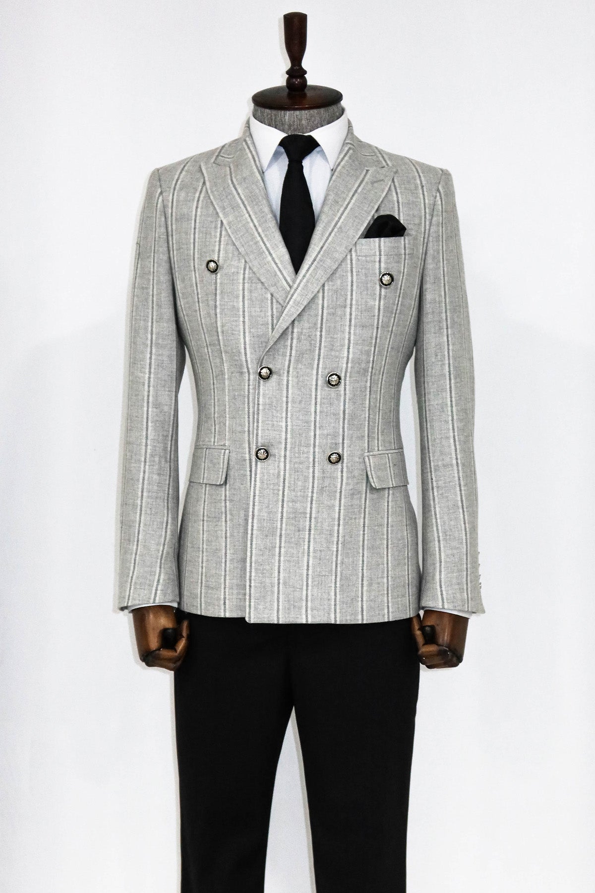 KOALA SYDNEY  Wide Lapel Striped Double Breasted Grey Men Blazer and Trousers Combination