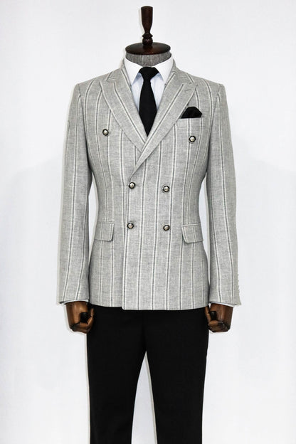 KOALA SYDNEY  Wide Lapel Striped Double Breasted Grey Men Blazer and Trousers Combination