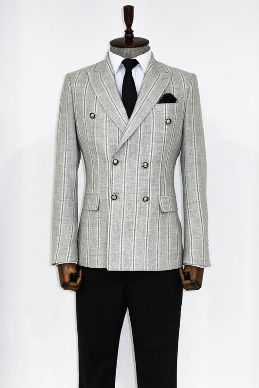 KOALA SYDNEY  Wide Lapel Striped Double Breasted Grey Men Blazer and Trousers Combination