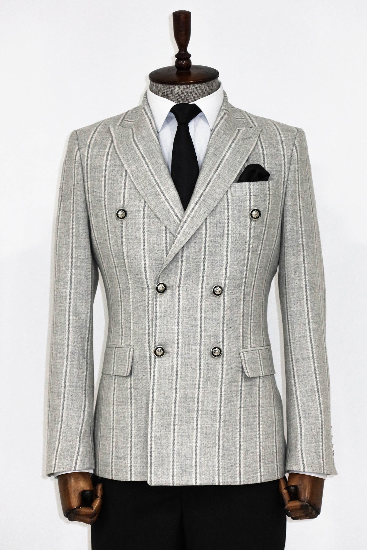 KOALA SYDNEY  Wide Lapel Striped Double Breasted Grey Men Blazer and Trousers Combination