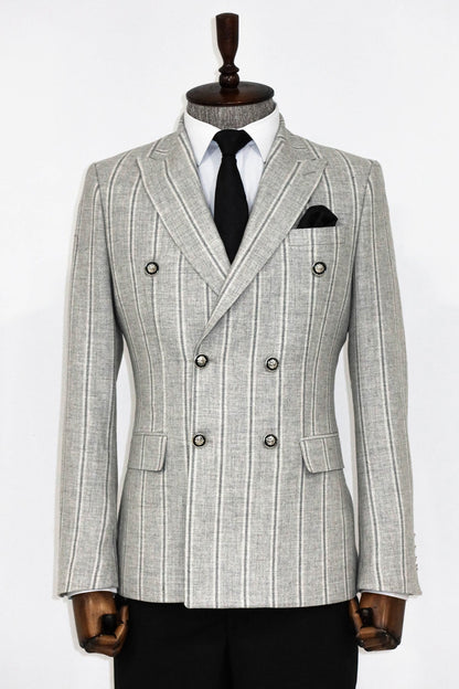KOALA SYDNEY  Wide Lapel Striped Double Breasted Grey Men Blazer and Trousers Combination