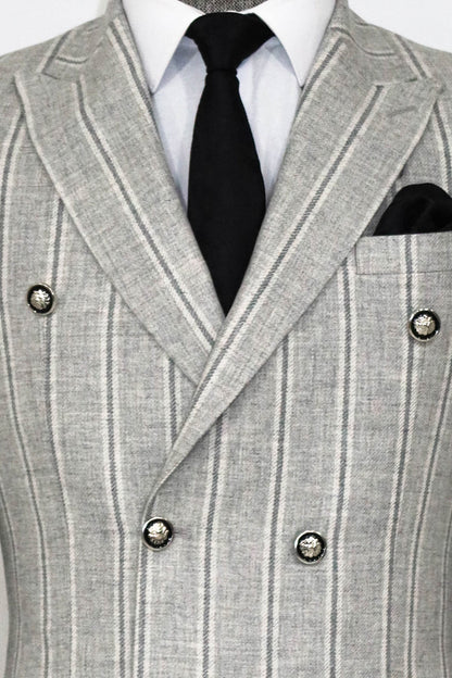 KOALA SYDNEY  Wide Lapel Striped Double Breasted Grey Men Blazer and Trousers Combination