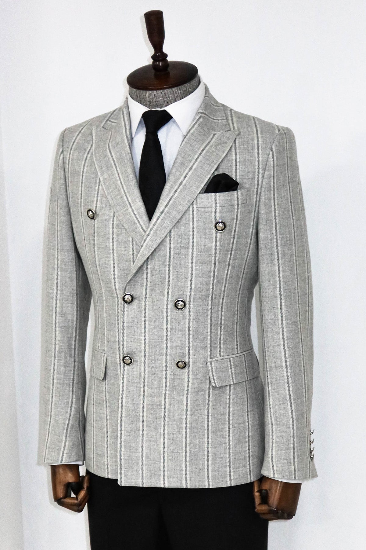 KOALA SYDNEY  Wide Lapel Striped Double Breasted Grey Men Blazer and Trousers Combination