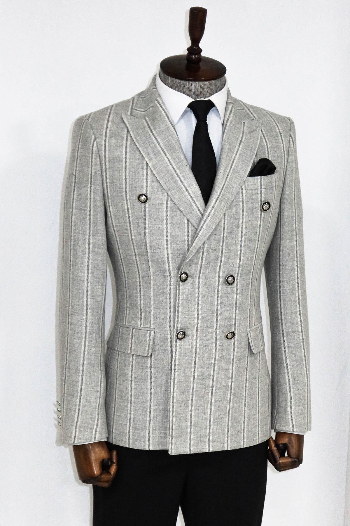 KOALA SYDNEY  Wide Lapel Striped Double Breasted Grey Men Blazer and Trousers Combination