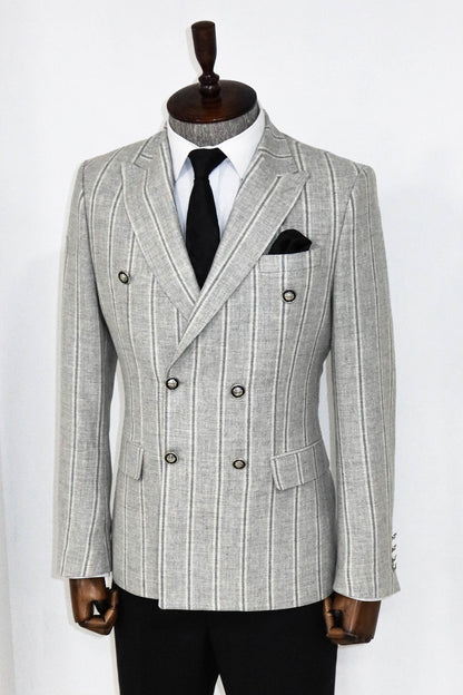 KOALA SYDNEY  Wide Lapel Striped Double Breasted Grey Men Blazer and Trousers Combination