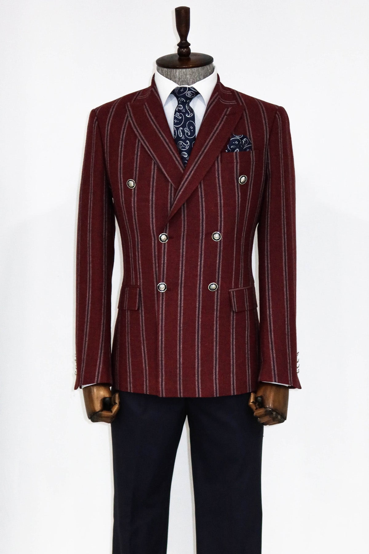 KOALA SYDNEY  Wide Lapel Striped Double Breasted Burgundy Men Blazer and Trousers Combination