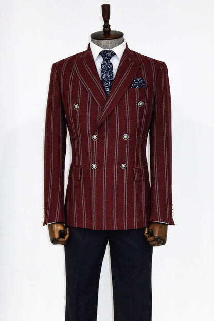 KOALA SYDNEY  Wide Lapel Striped Double Breasted Burgundy Men Blazer and Trousers Combination