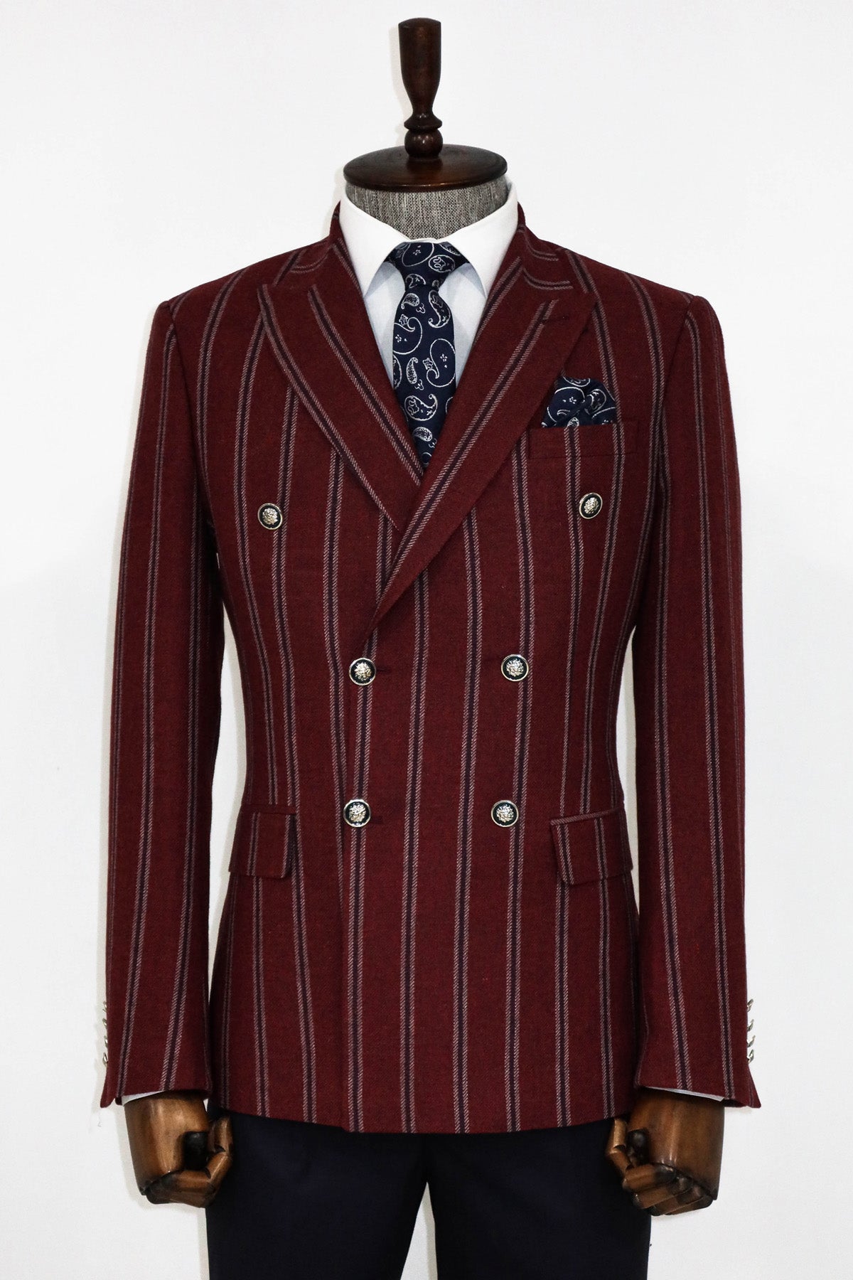 KOALA SYDNEY  Wide Lapel Striped Double Breasted Burgundy Men Blazer and Trousers Combination