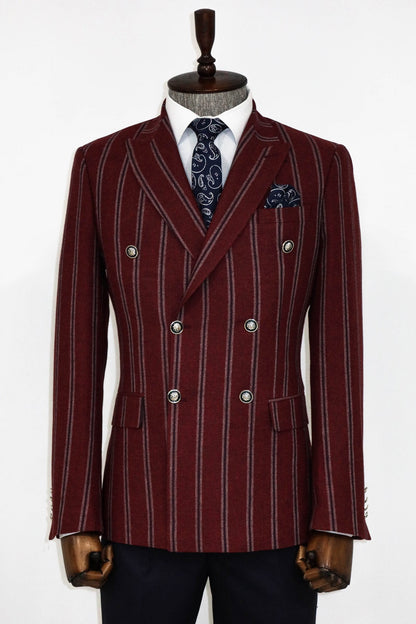 KOALA SYDNEY  Wide Lapel Striped Double Breasted Burgundy Men Blazer and Trousers Combination