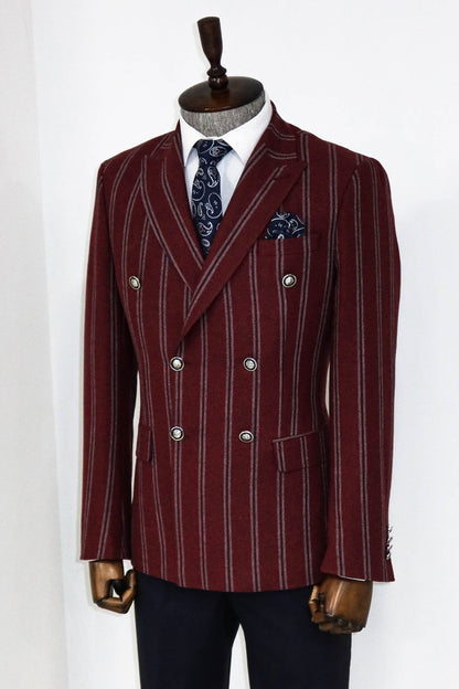 KOALA SYDNEY  Wide Lapel Striped Double Breasted Burgundy Men Blazer and Trousers Combination