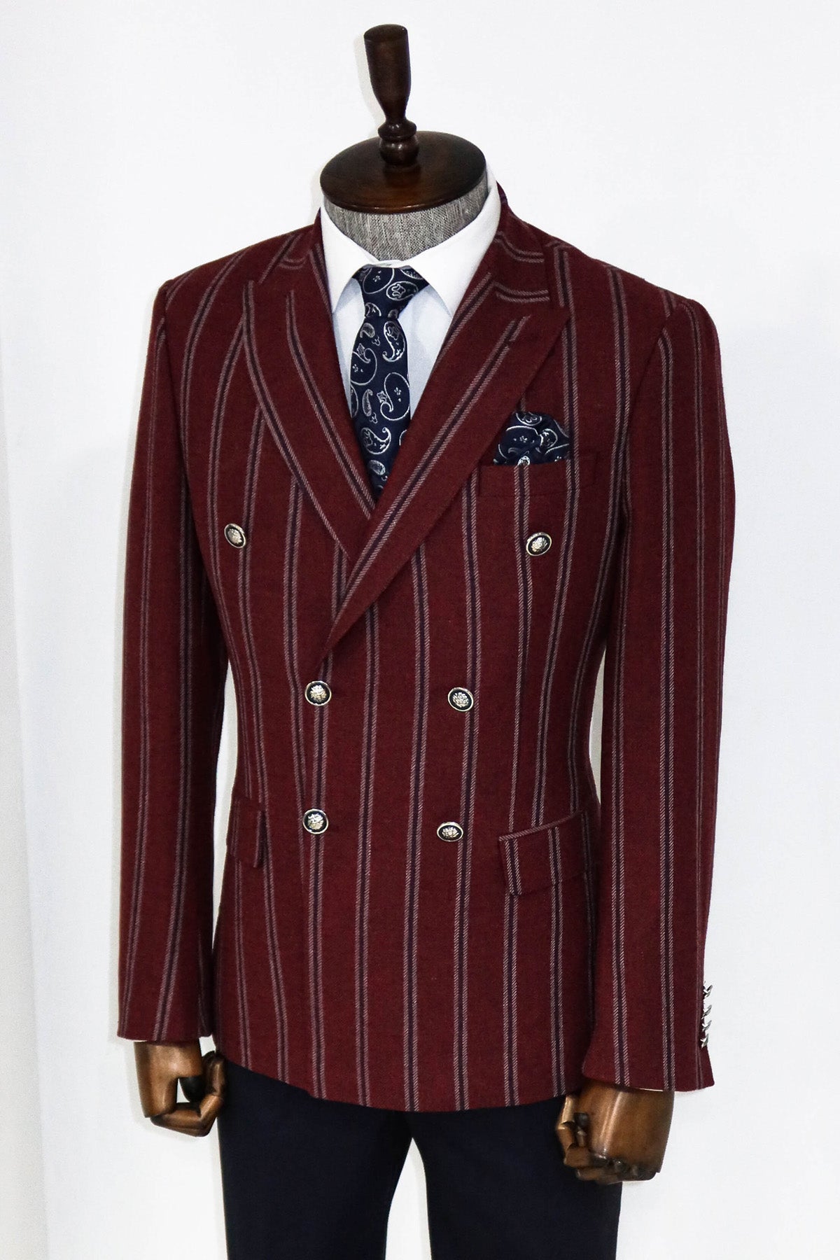 KOALA SYDNEY  Wide Lapel Striped Double Breasted Burgundy Men Blazer and Trousers Combination