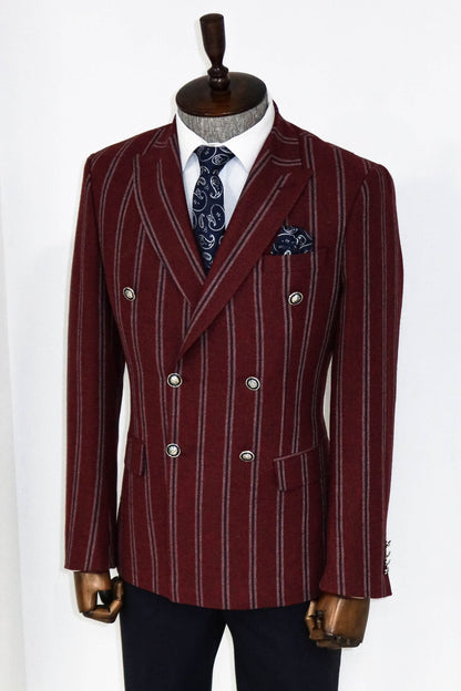 KOALA SYDNEY  Wide Lapel Striped Double Breasted Burgundy Men Blazer and Trousers Combination