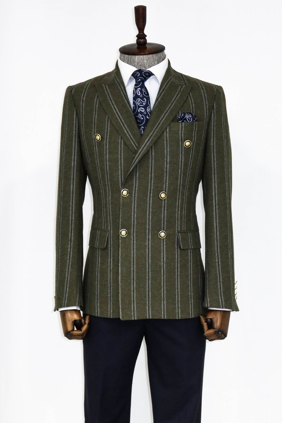 KOALA SYDNEY  Wide Lapel Striped Double Breasted Green Men Blazer and Trousers Combination