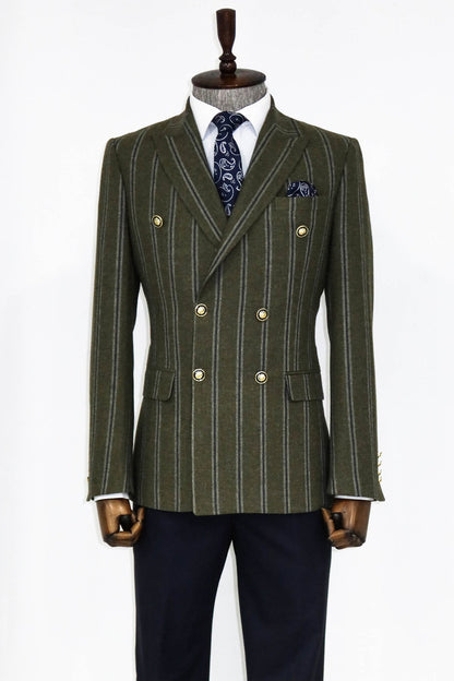 KOALA SYDNEY  Wide Lapel Striped Double Breasted Green Men Blazer and Trousers Combination