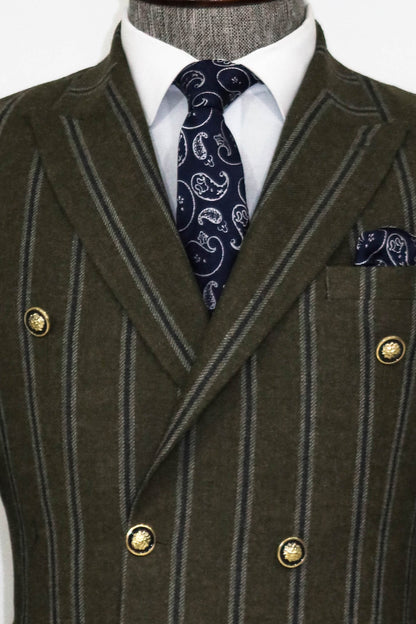 KOALA SYDNEY  Wide Lapel Striped Double Breasted Green Men Blazer and Trousers Combination