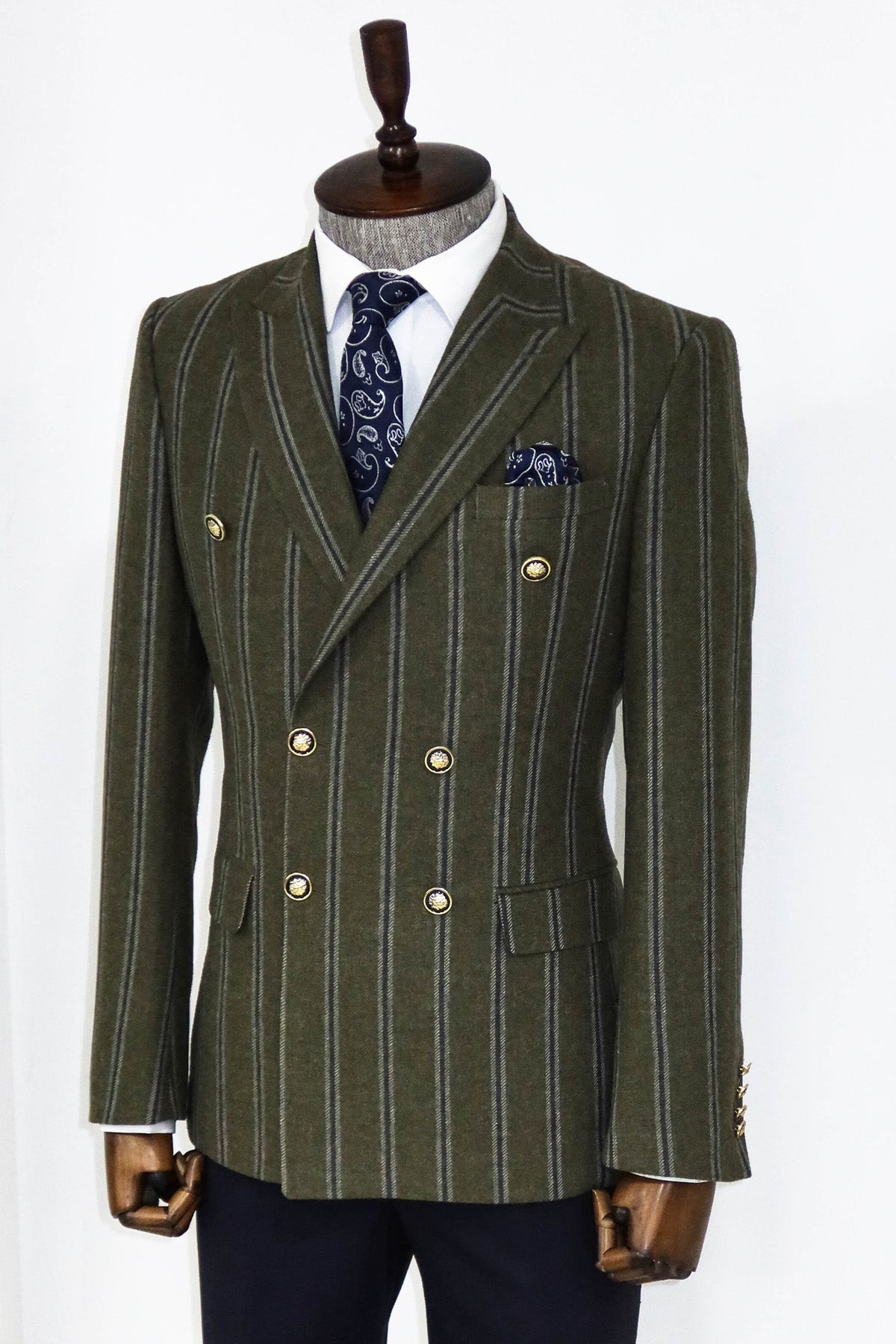 KOALA SYDNEY  Wide Lapel Striped Double Breasted Green Men Blazer and Trousers Combination