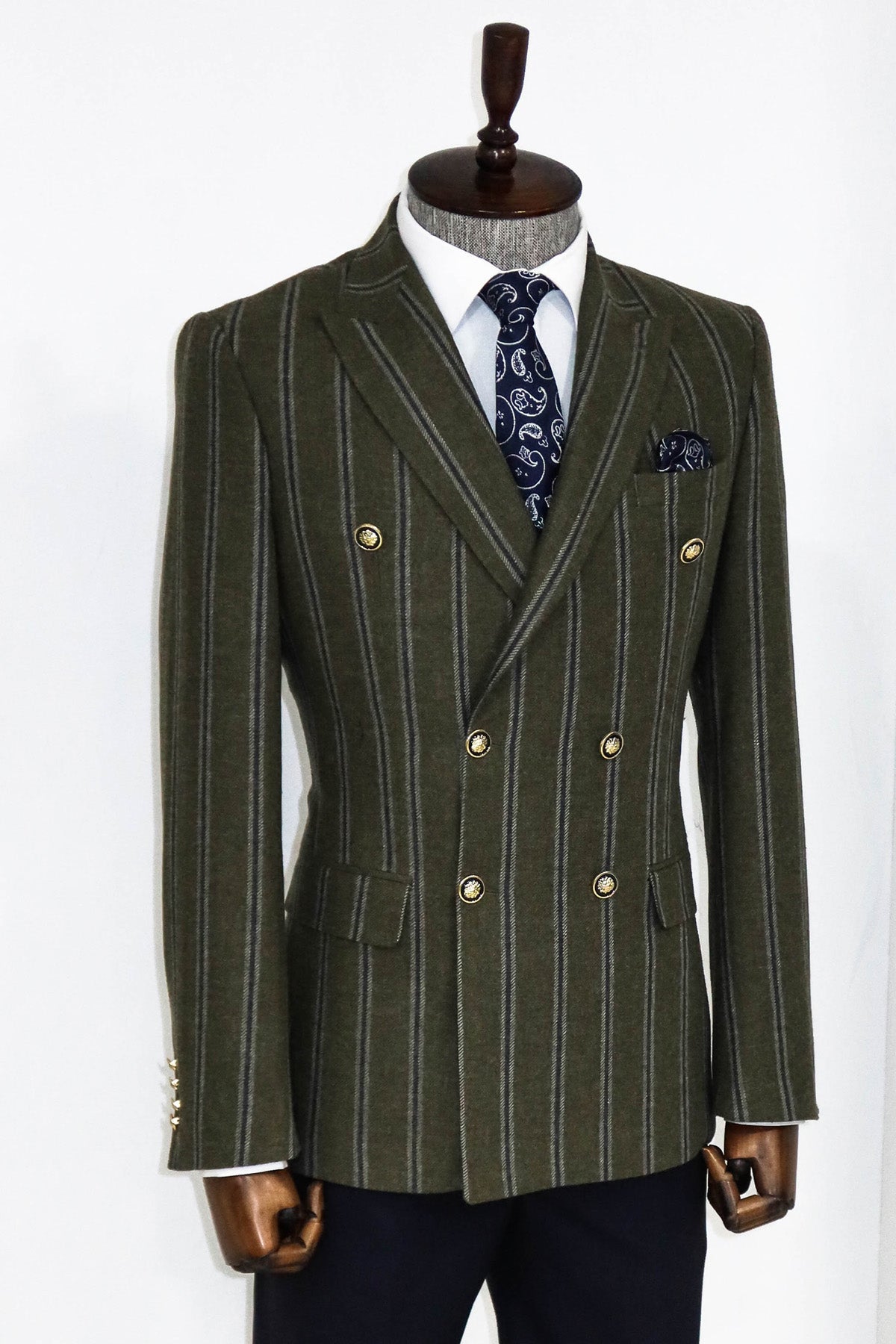 KOALA SYDNEY  Wide Lapel Striped Double Breasted Green Men Blazer and Trousers Combination