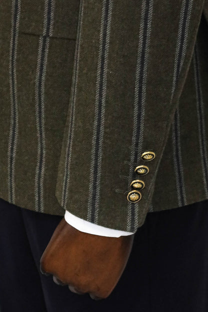 Wide Lapel Striped Double Breasted Green Men Blazer and Trousers Combination- Wessi