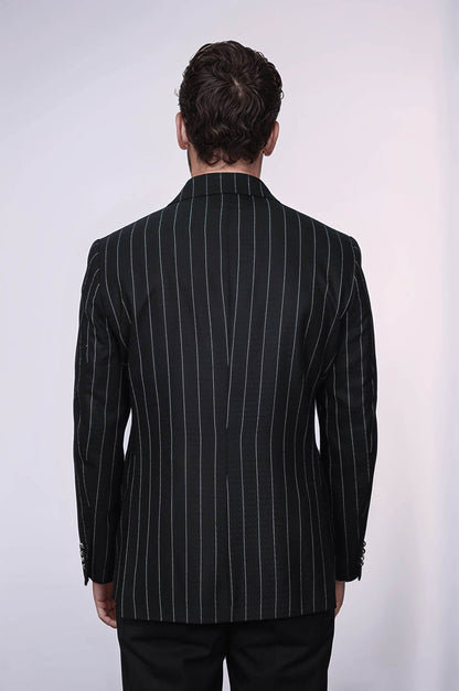 Double Breasted Slim Fit Striped Black Men Blazer - Wessi